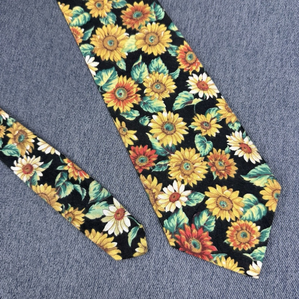Rooster Vintage Sunflower Floral Tie Mens Black Yellow 100% Cotton Made In USA